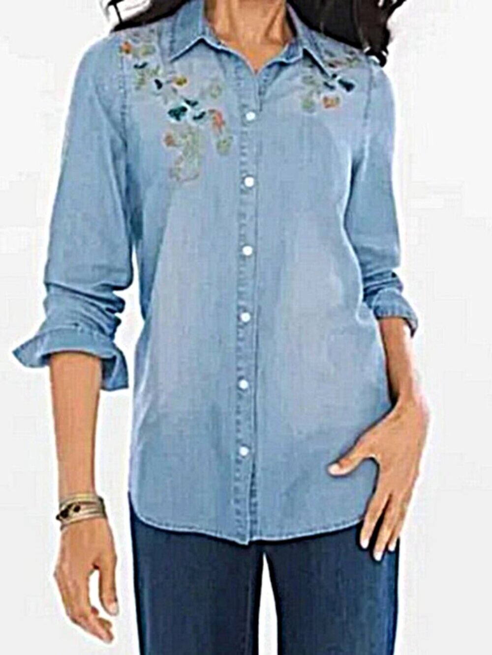 Chico’s Floral Embroidered Denim shirt size 2